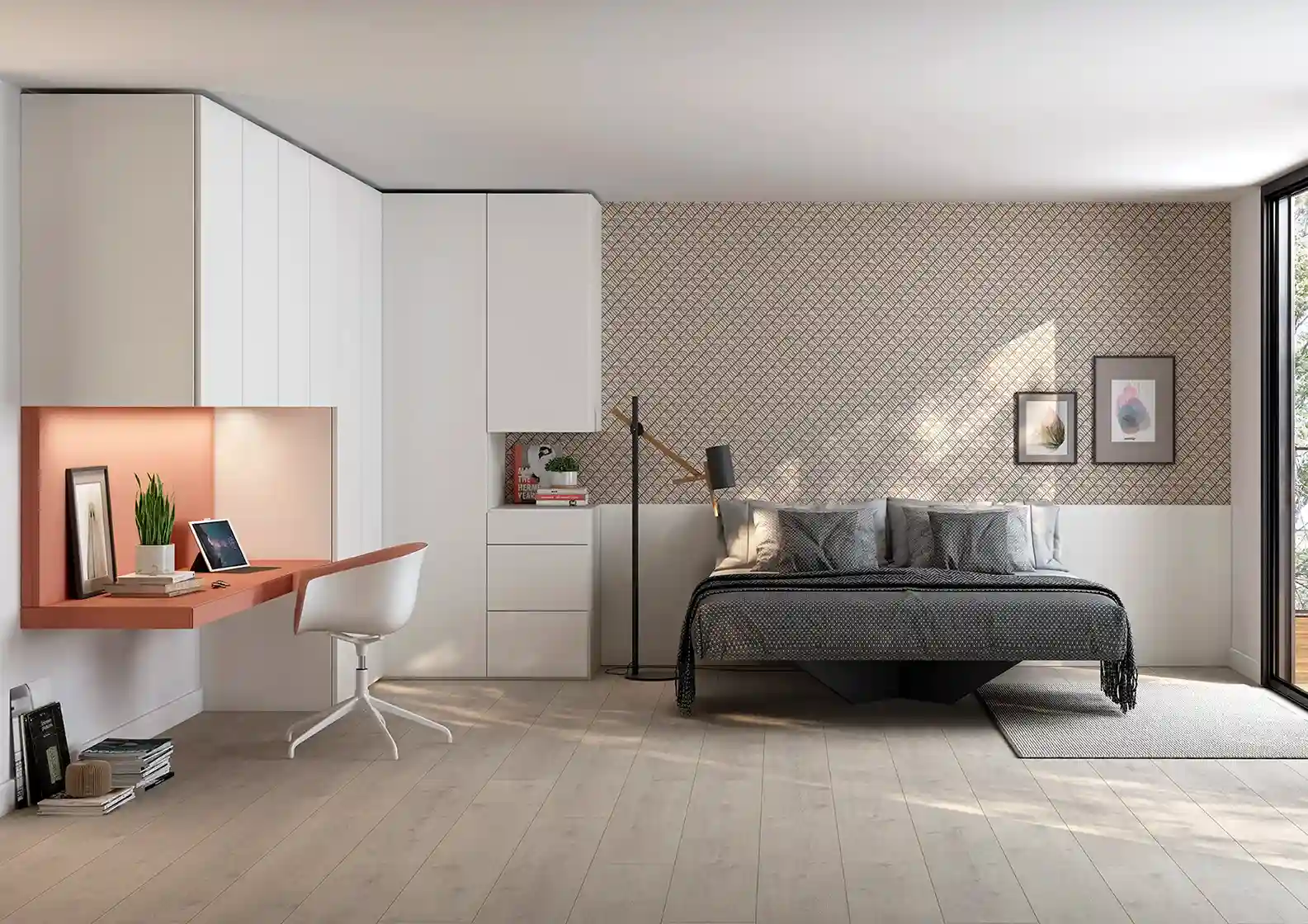 Dormitorio juvenil moderno con escritorio integrado