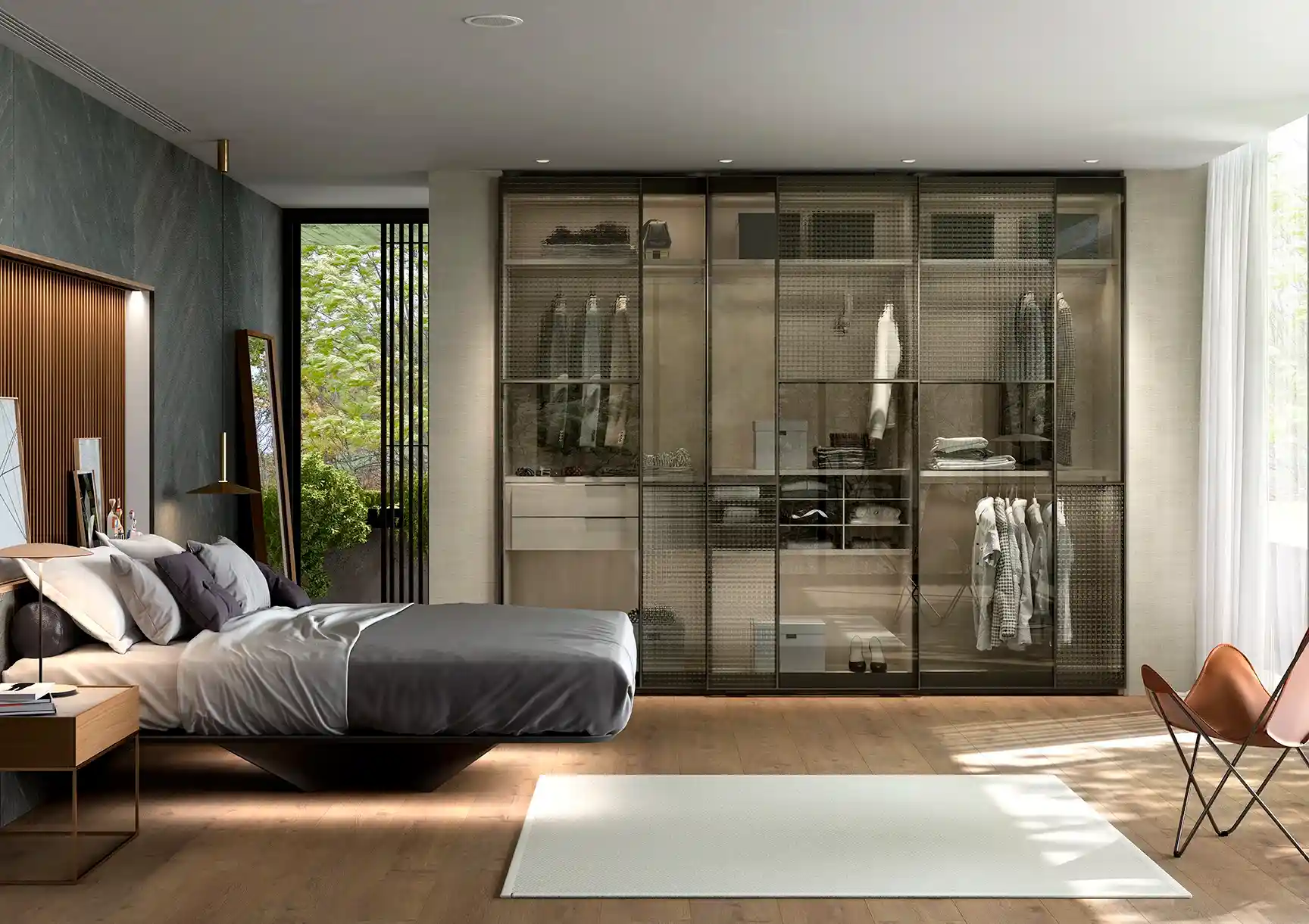 Dormitorio moderno con armario de cristal