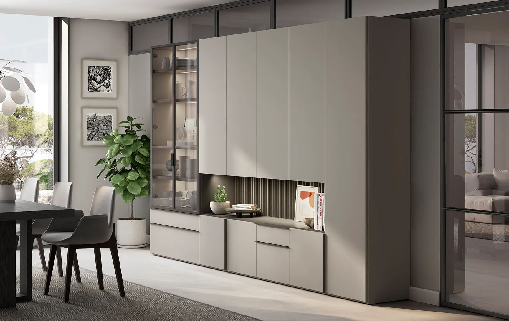 mueble de salon con estanteria y vitrina